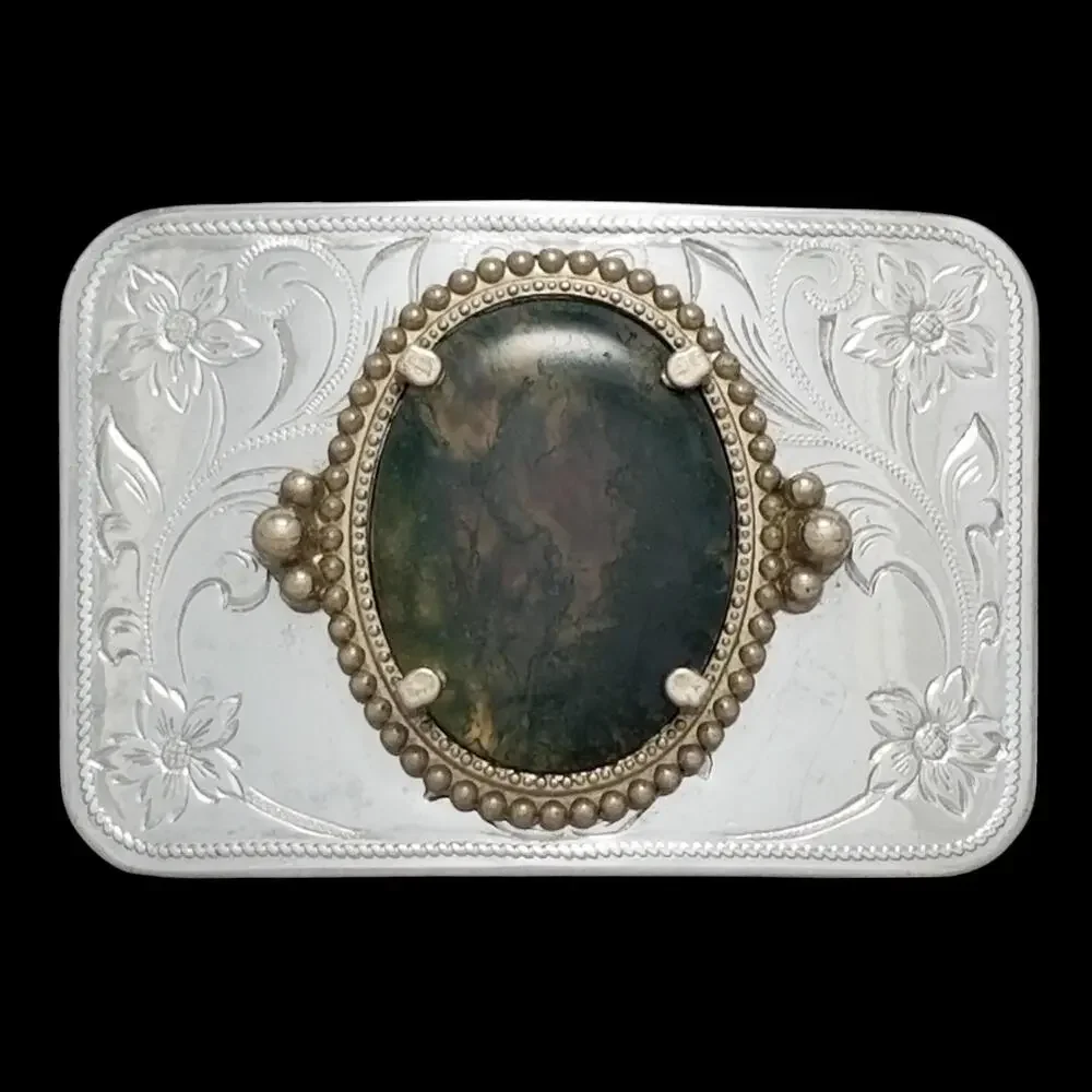 Vintage‎ Belt Buckle Cabochon Agate Western Filigree Carved Flowers Silver Color